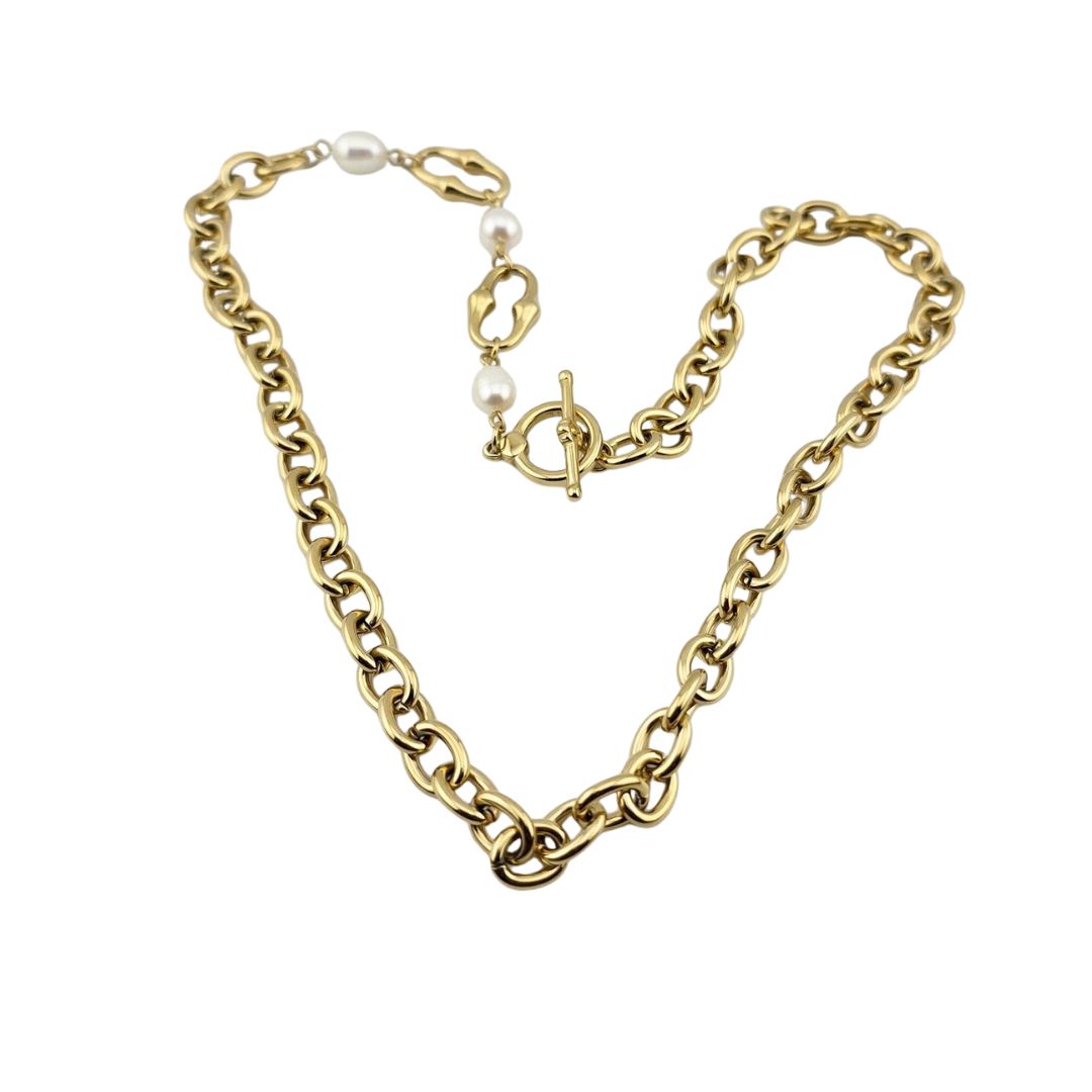 Waterproof Pearl Chain Necklace – Gold Bamboo Link, 18-Inch