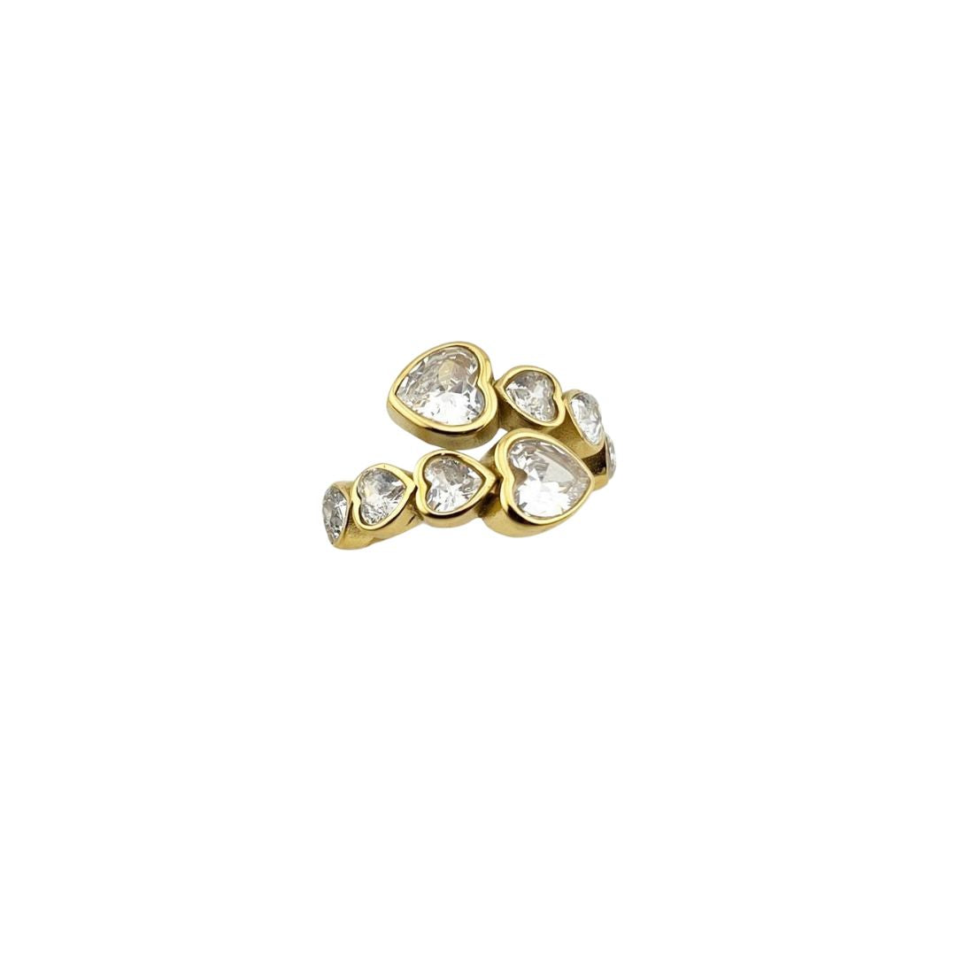 Waterproof Heart Ring – Gold Tone Adjustable Crystal Cluster