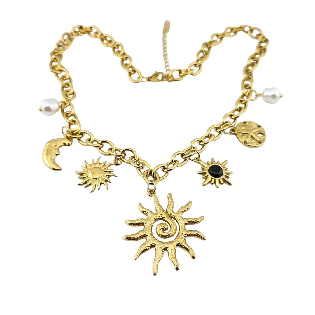 Waterproof Sun & Moon Charm Necklace – Gold Layered Statement Piece
