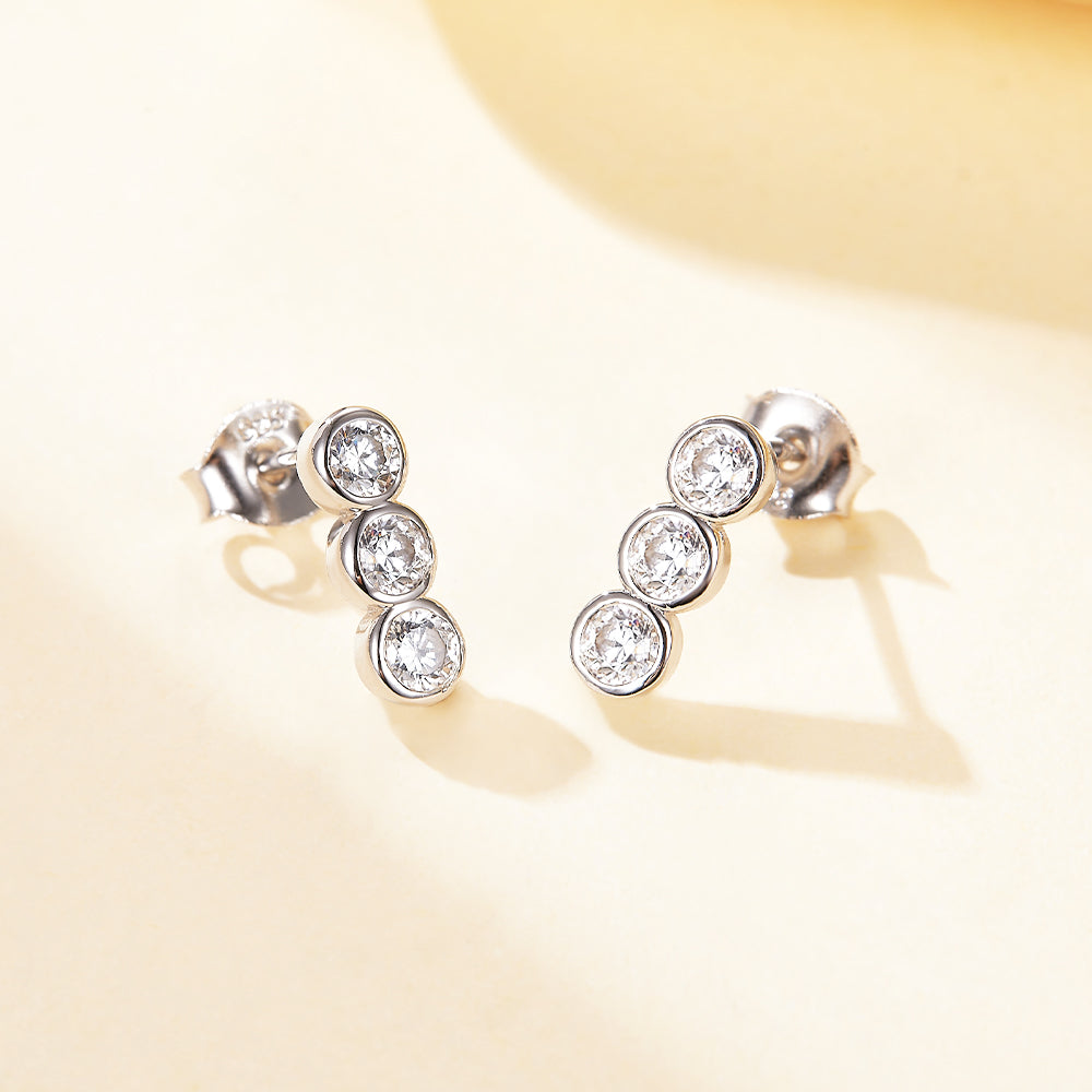 925 Sterling Silver Rubover Set Cz Trilogy Ladies Drop Earrings