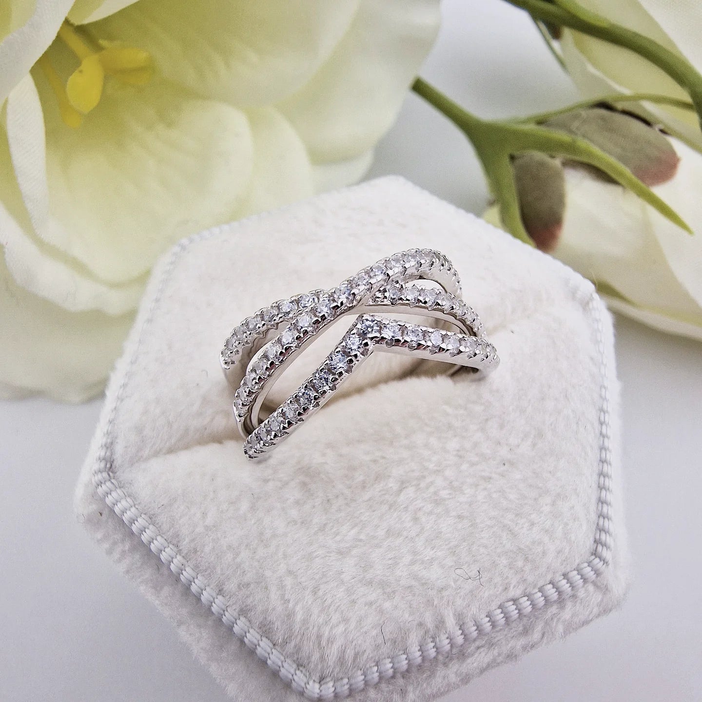 925 Sterling Silver Cz Crossover & Wishbone Ladies Ring Set