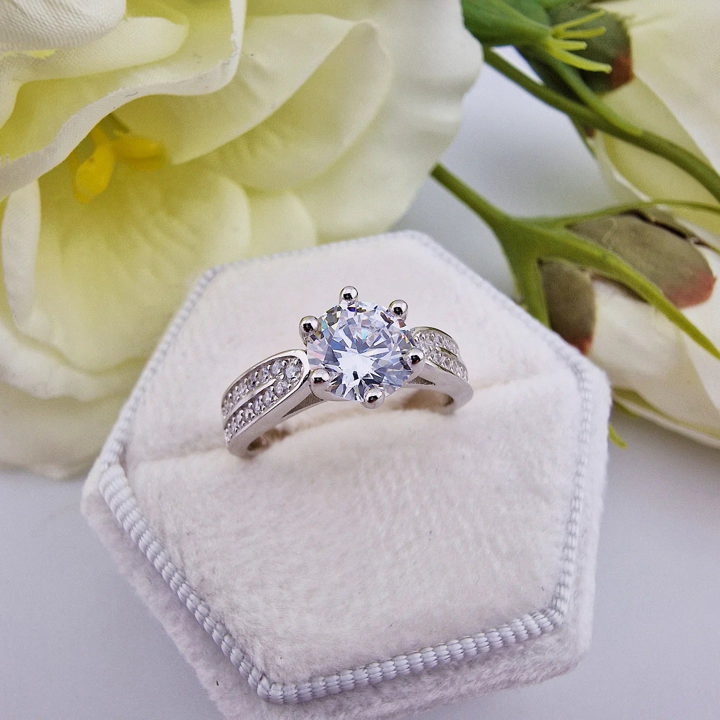925 Sterling Silver Cz Round Centre with Double Cz Channel Set Band Ladies Ring