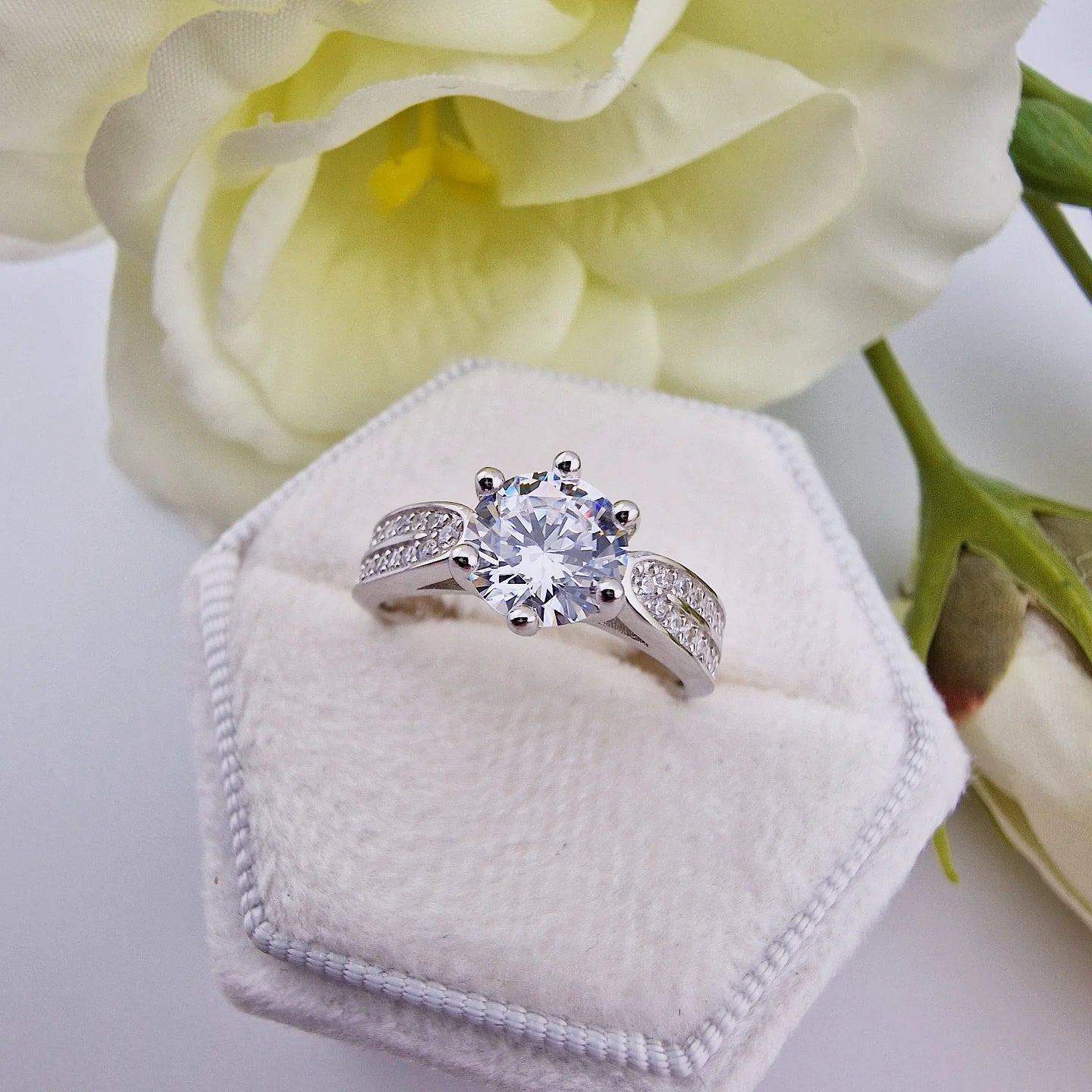 925 Sterling Silver Cz Round Centre with Double Cz Channel Set Band Ladies Ring