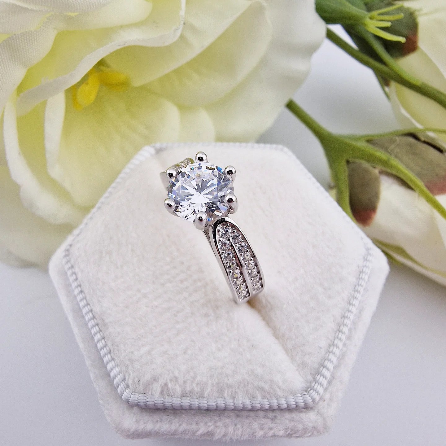 925 Sterling Silver Cz Round Centre with Double Cz Channel Set Band Ladies Ring