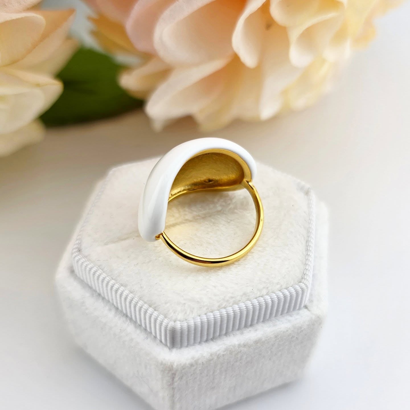 Gold-Tone Stainless Steel – White Enamel Adjustable Ring