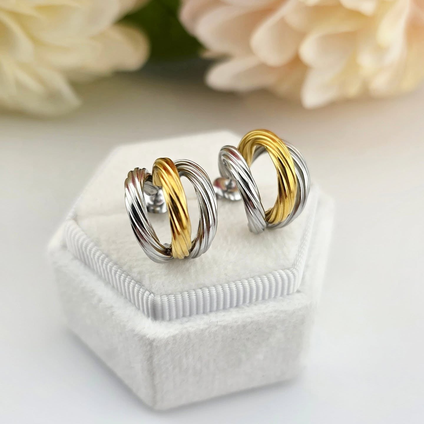Gold-Tone & Silver Stainless Steel – Layered Triple Hoop Stud Earrings