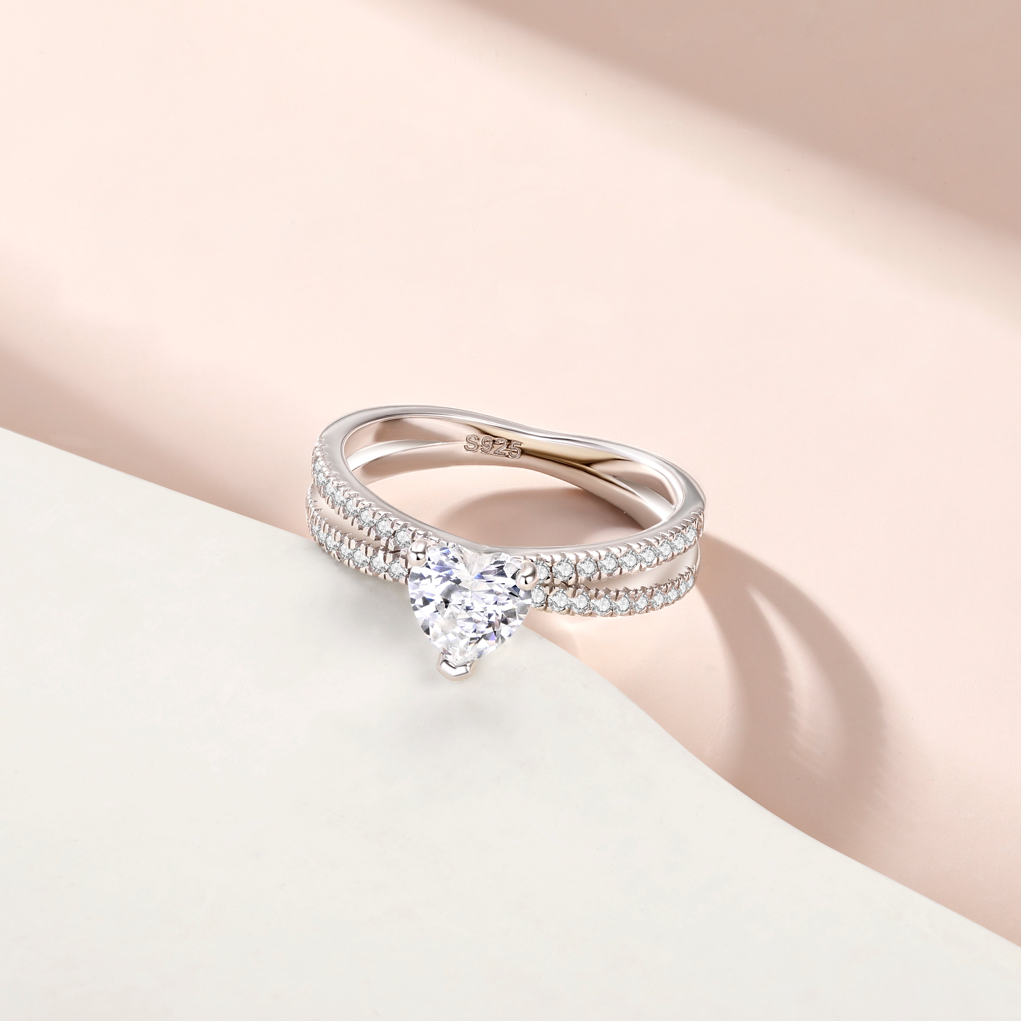 925 Sterling Silver 6mm Heart Cz Solitaire with Split Cz Band Ladies Ring