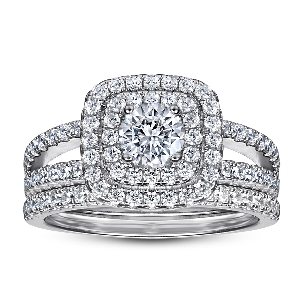 925 Sterling Silver Cz Round Centre Double Halo with Triple Band Ladies Bridal Ring Set