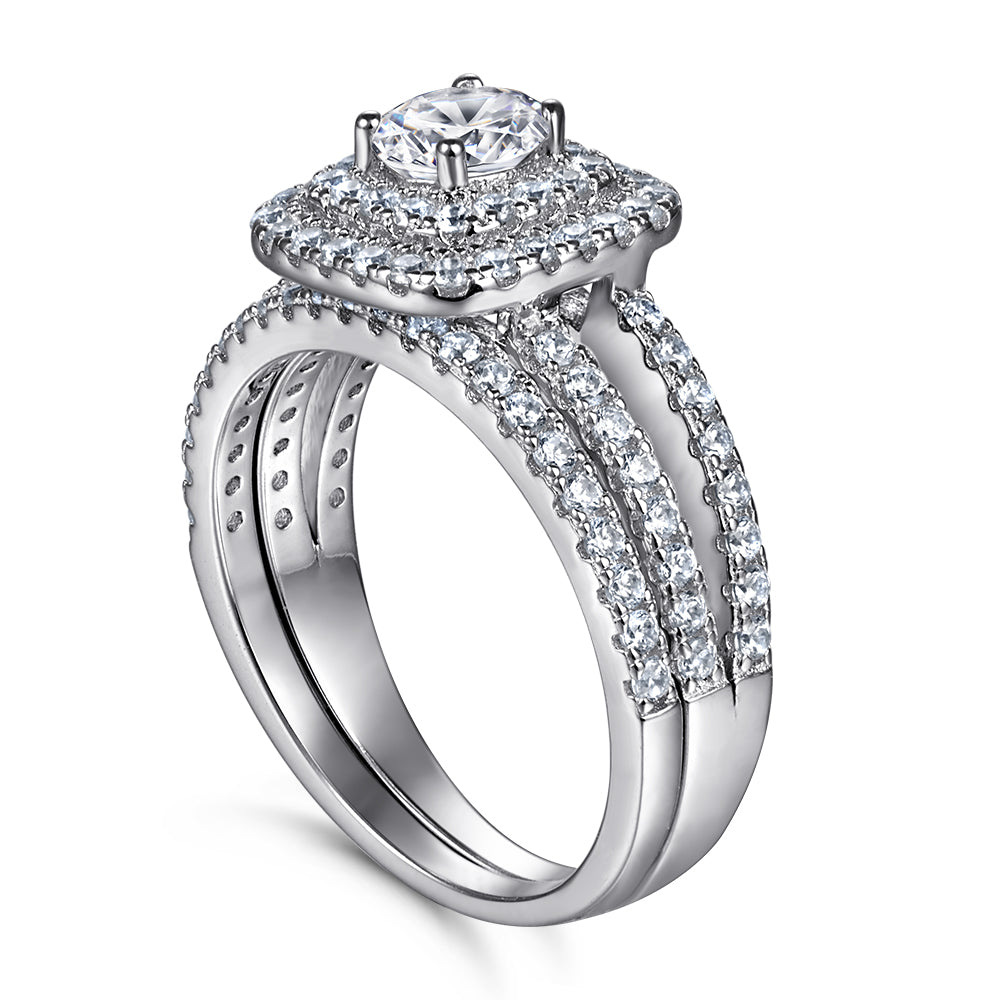 925 Sterling Silver Cz Round Centre Double Halo with Triple Band Ladies Bridal Ring Set