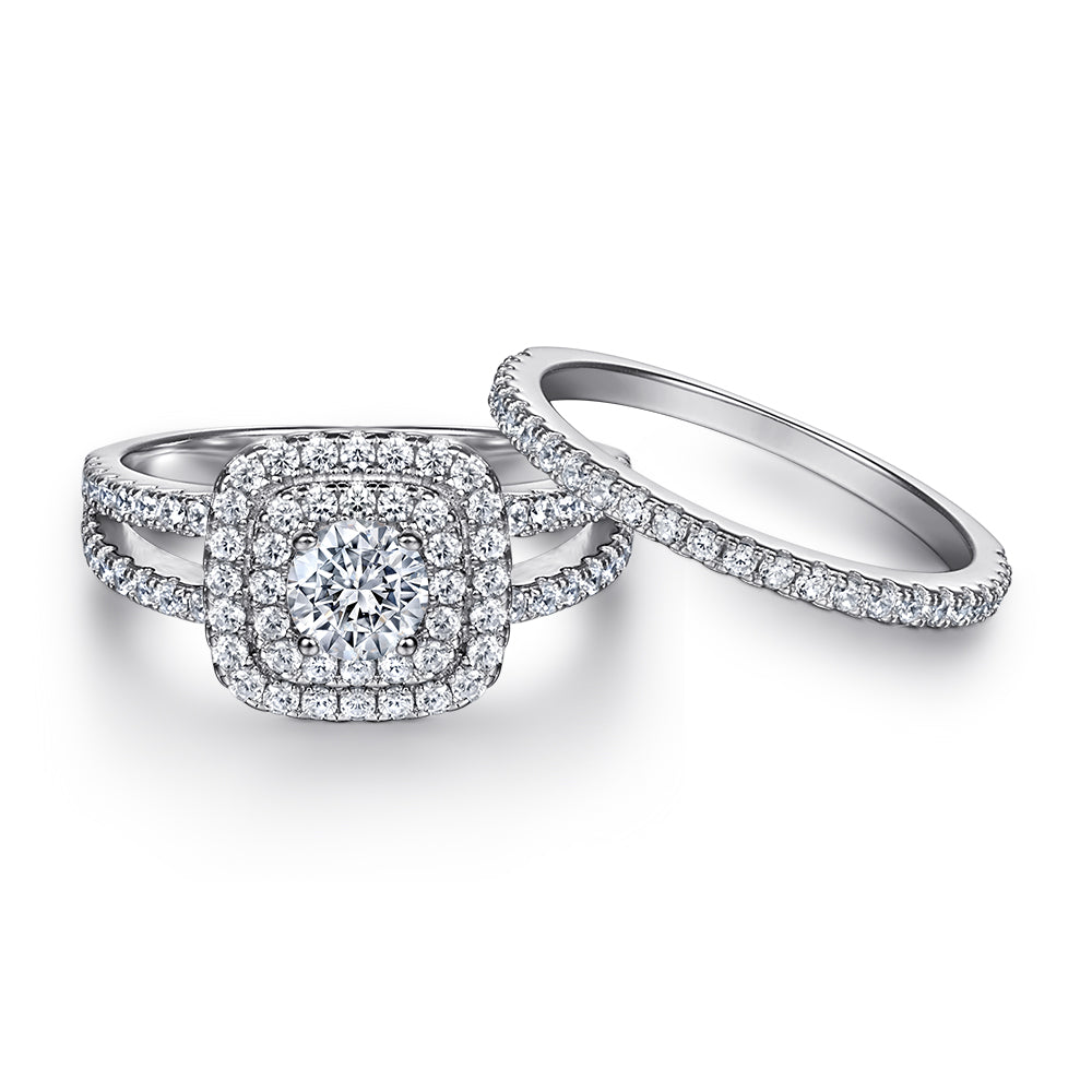 925 Sterling Silver Cz Round Centre Double Halo with Triple Band Ladies Bridal Ring Set