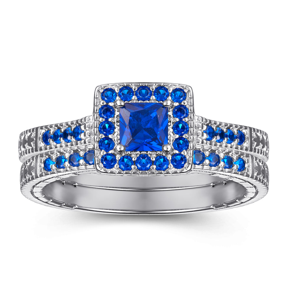925 Sterling Silver Blue Sapphire Cz Princess Cut Halo Ladies Bridal Ring Set