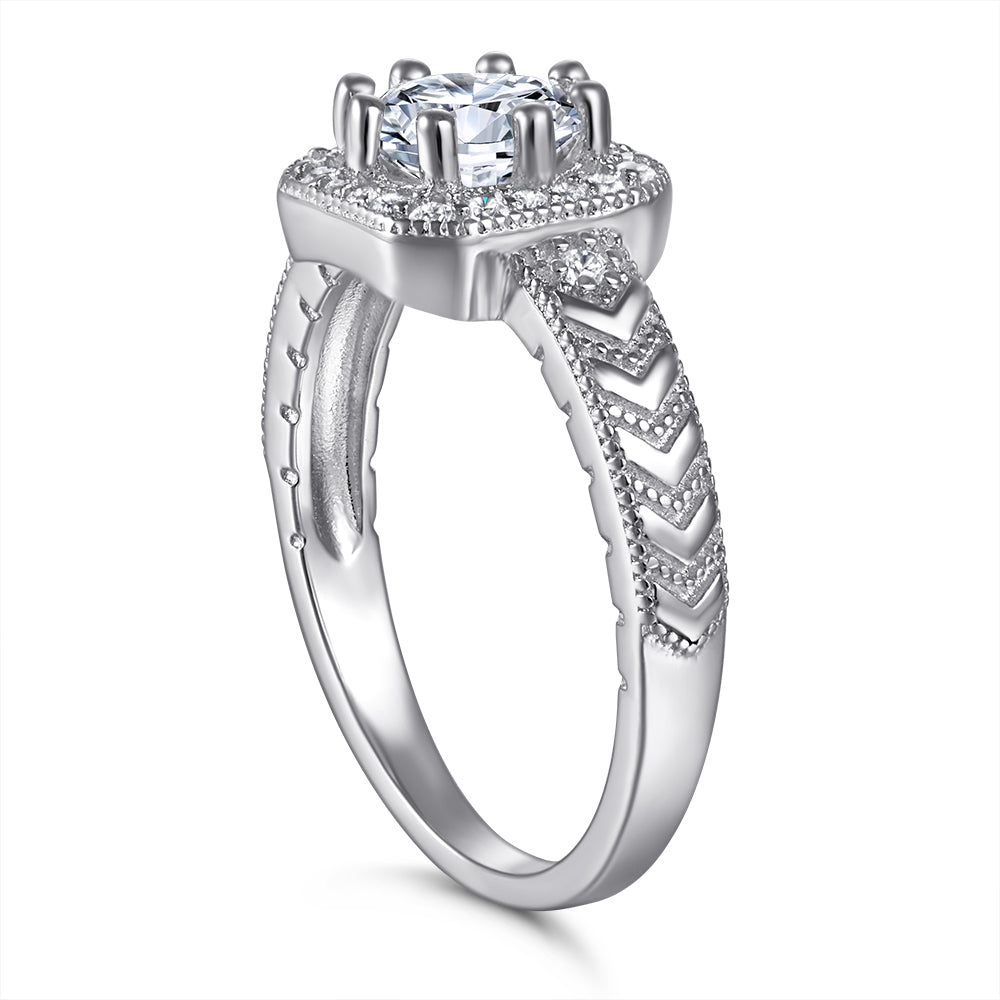 925 Sterling Silver Round Cz with Square Halo Ladies Ring