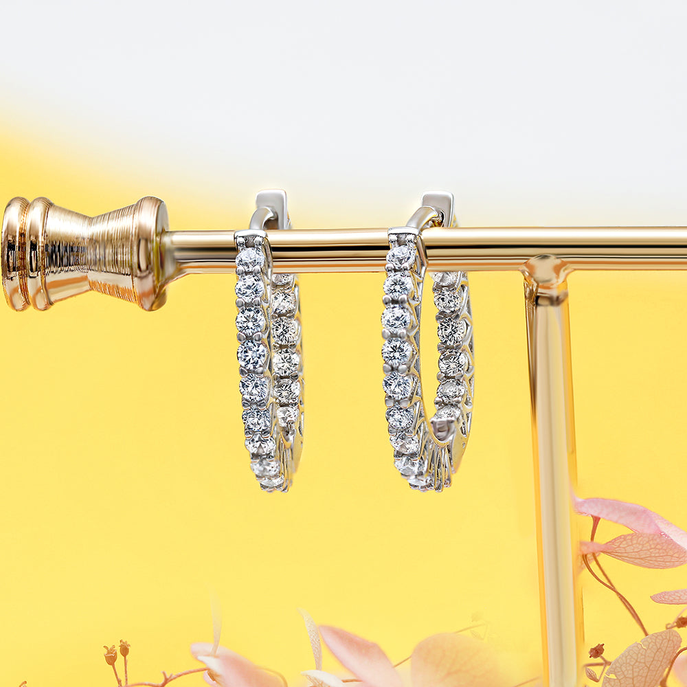 925 Sterling Silver Round Cz Fancy Claw Set Ladies Hoop Earrings
