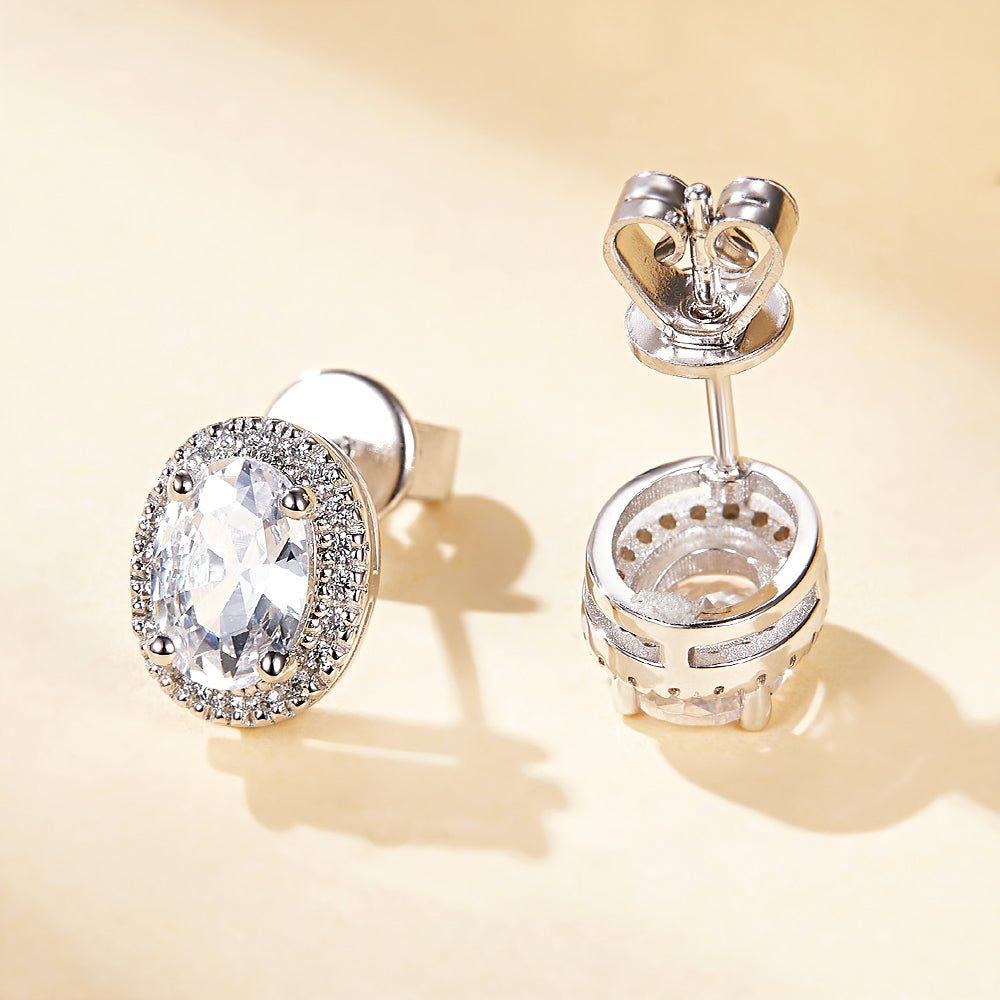 925 Sterling Silver 1ct Oval Halo Cz Ladies Stud Earrings