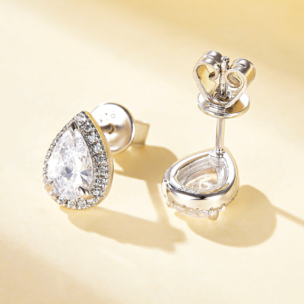 925 Sterling Silver 1ct Pear Cut Halo Cz Ladies Stud Earrings