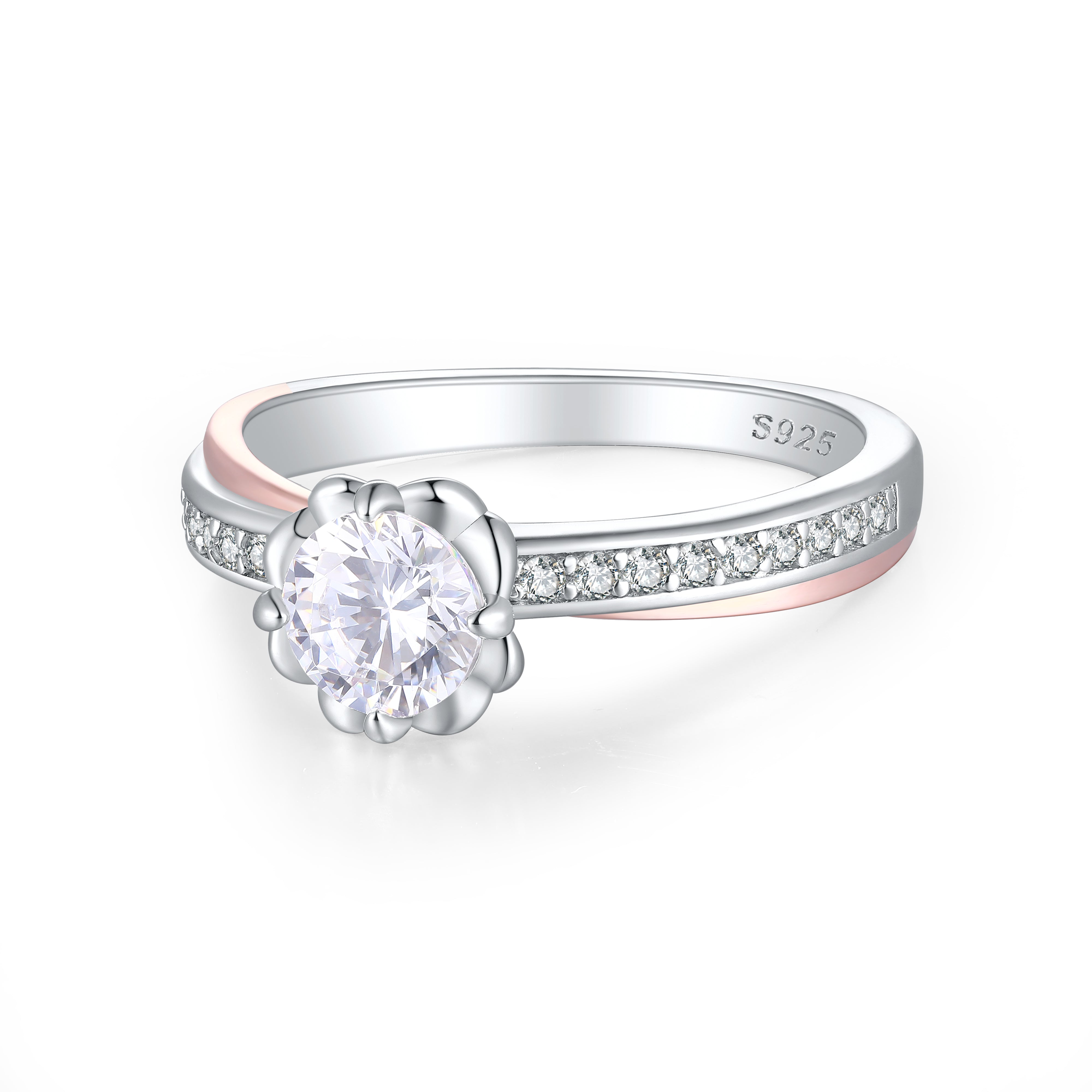 925 Sterling Silver 6mm Round Cz Fancy Set Two Tone Ladies Solitaire Ring