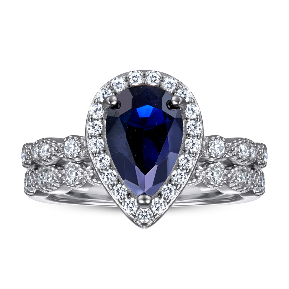 925 Sterling Silver Blue Sapphire Cz Pear Cut Halo Ladies Ring Set