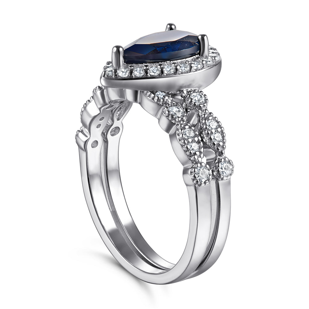925 Sterling Silver Blue Sapphire Cz Pear Cut Halo Ladies Ring Set