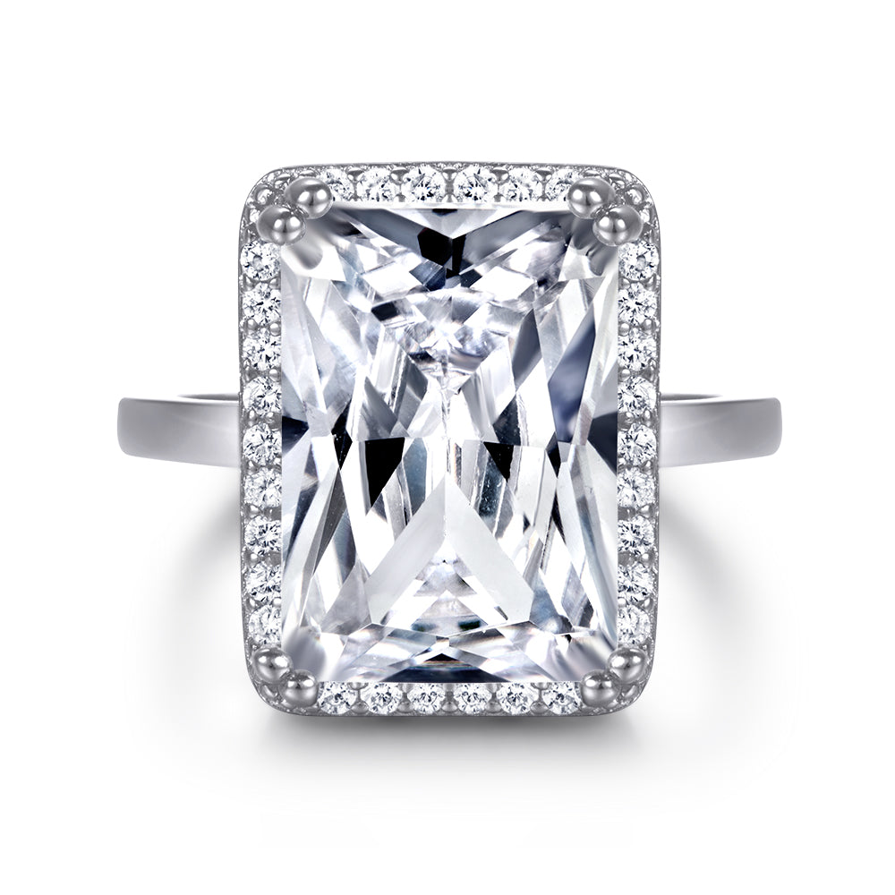 925 Sterling Silver Large 7ct Emerald Cut Halo Ladies Ring