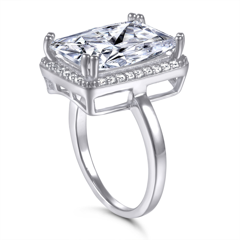 925 Sterling Silver Large 7ct Emerald Cut Halo Ladies Ring