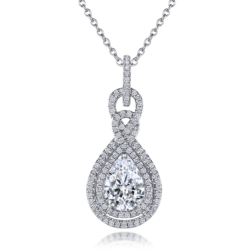 925 Sterling Silver 1.8ct Pear Cut Cz with Halo Ladies Drop Pendant with Chain