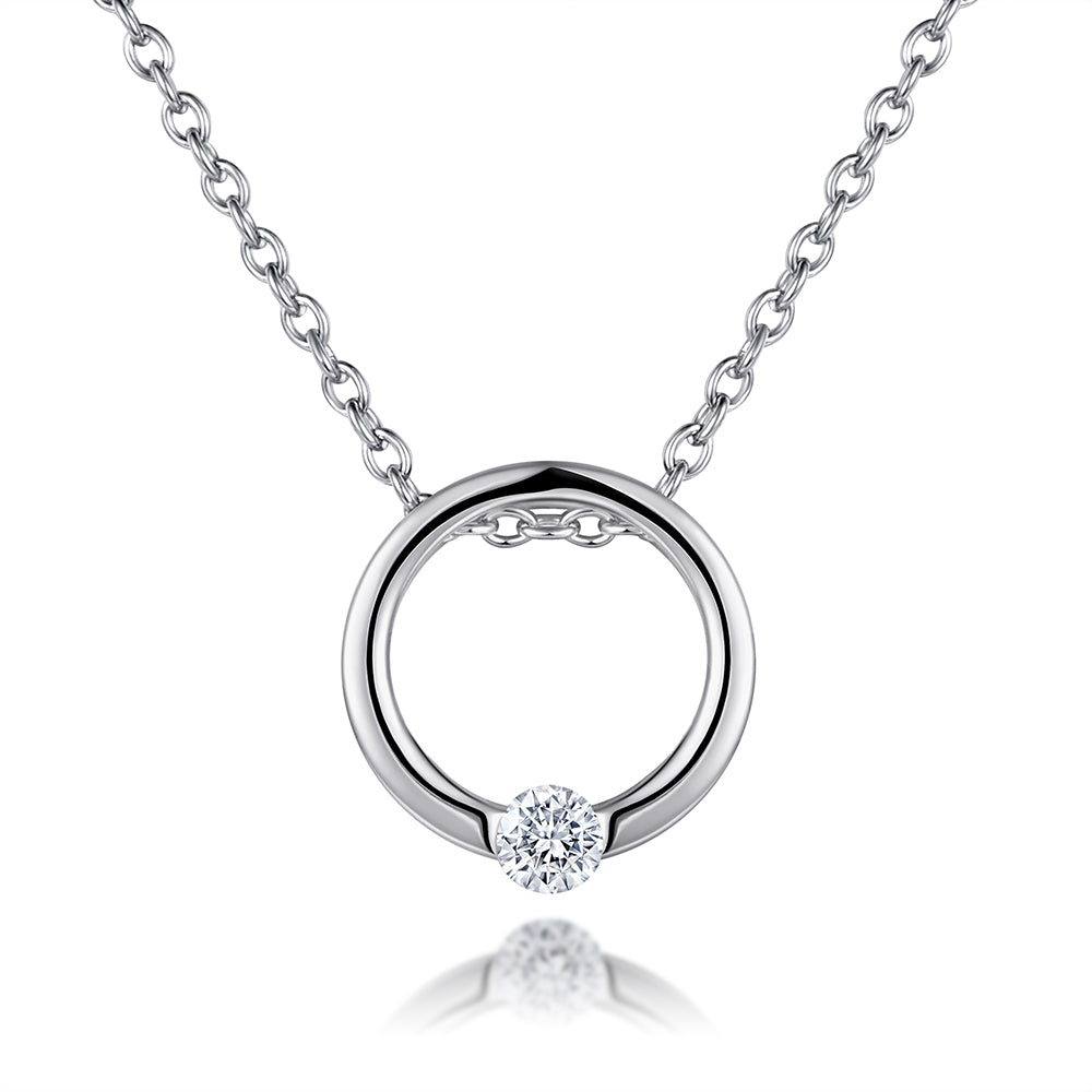 925 Sterling Silver Circle with Round Cz Solitaire Ladies Pendant with Chain