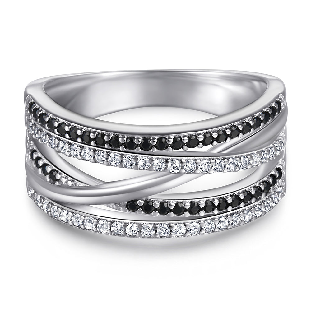 925 Sterling Silver Black & White Cz Fancy Ladies Crossover Ring