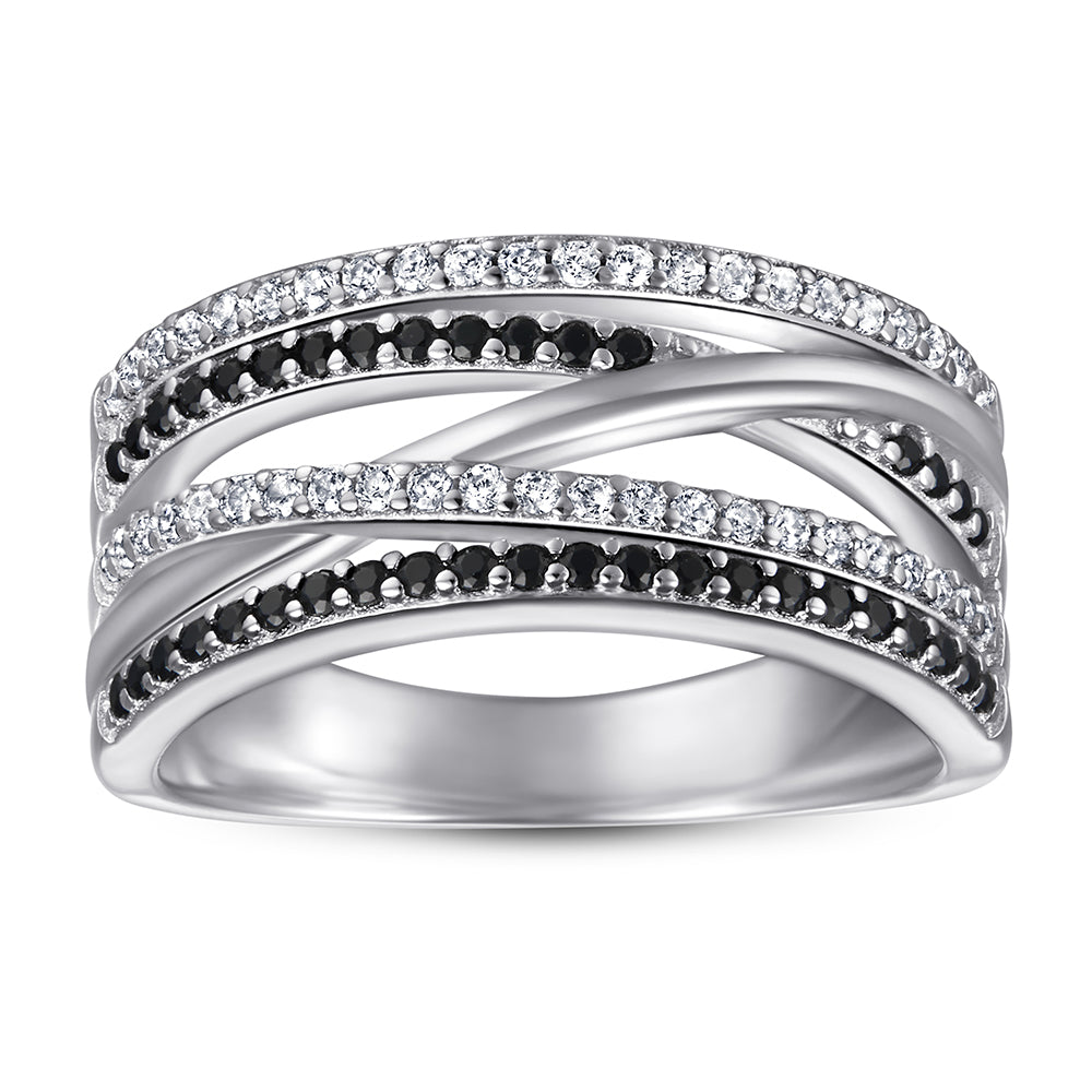 925 Sterling Silver Black & White Cz Fancy Ladies Crossover Ring