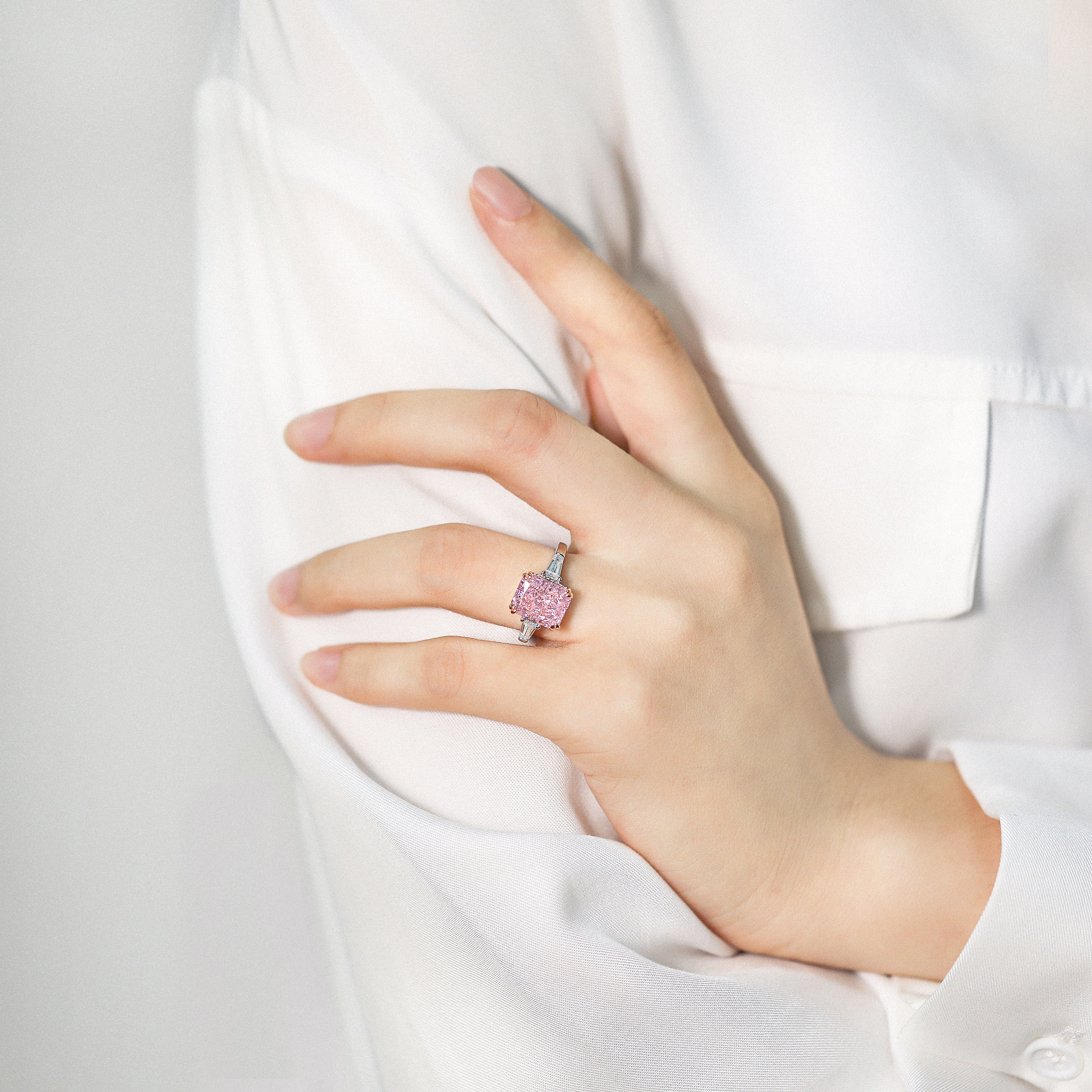925 Sterling Silver Large Emerald Cut Pink Cz Centre with Baguette Sides Ladies Ring