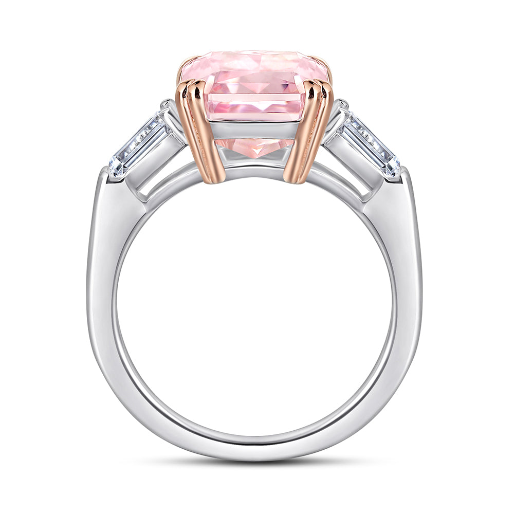 925 Sterling Silver Large Emerald Cut Pink Cz Centre with Baguette Sides Ladies Ring