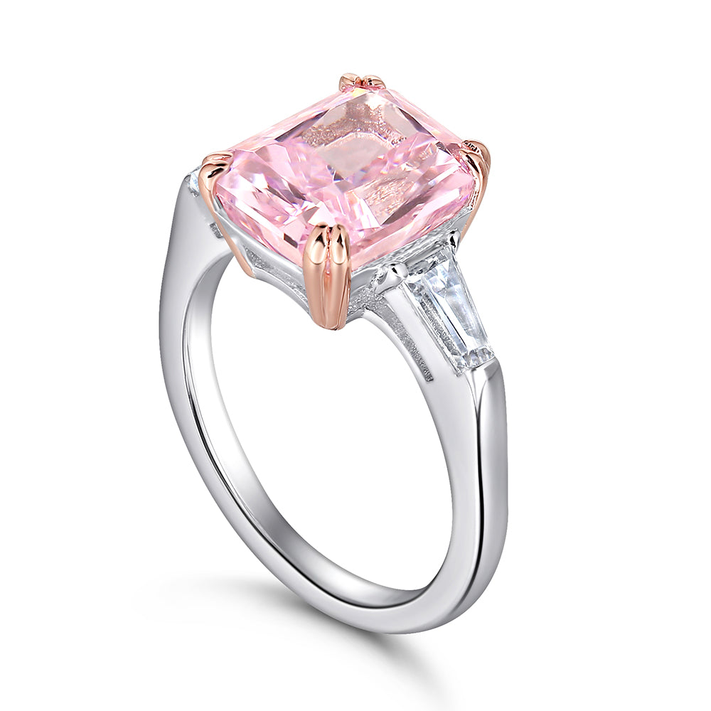 925 Sterling Silver Large Emerald Cut Pink Cz Centre with Baguette Sides Ladies Ring
