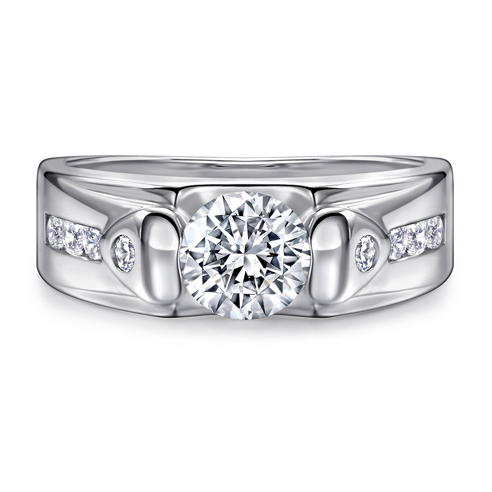 925 Sterling Silver Round Centre Cz with Cz's on the Band Gents Ring