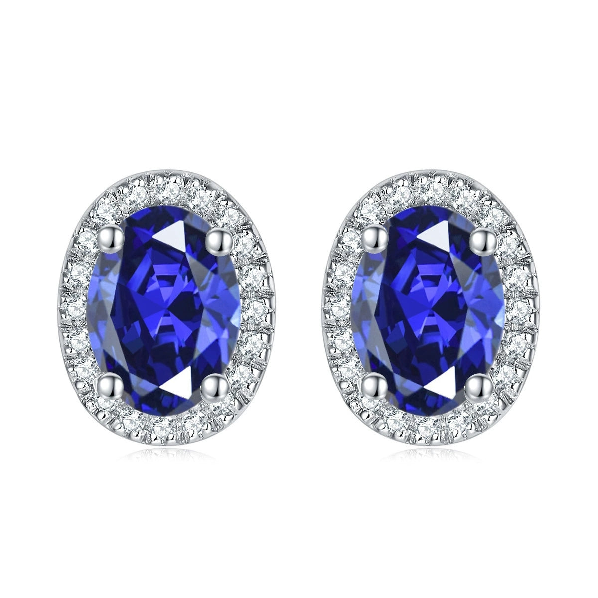 925 Sterling Silver 1ct Oval Halo Blue Sapphire Cz Ladies Stud Earrings
