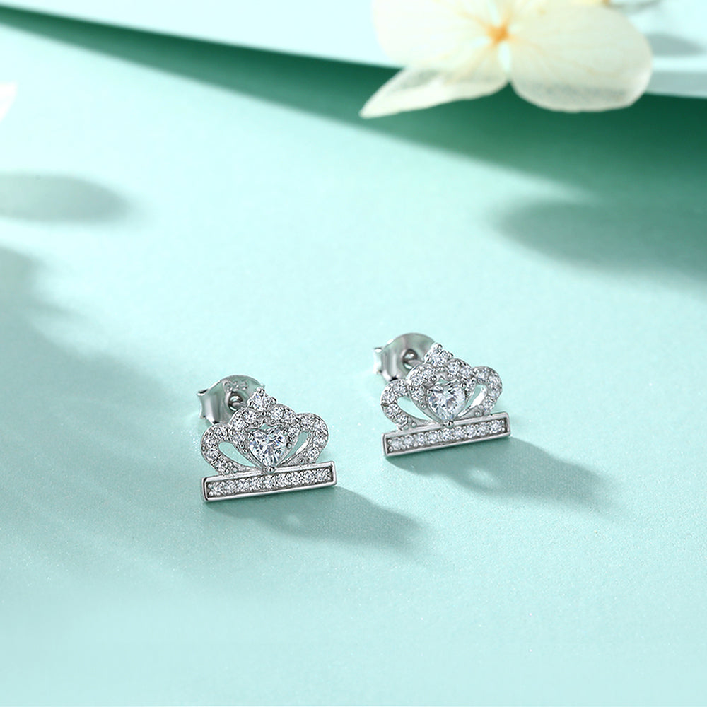 925 Sterling Silver Cz Crown Design Ladies Stud Earrings