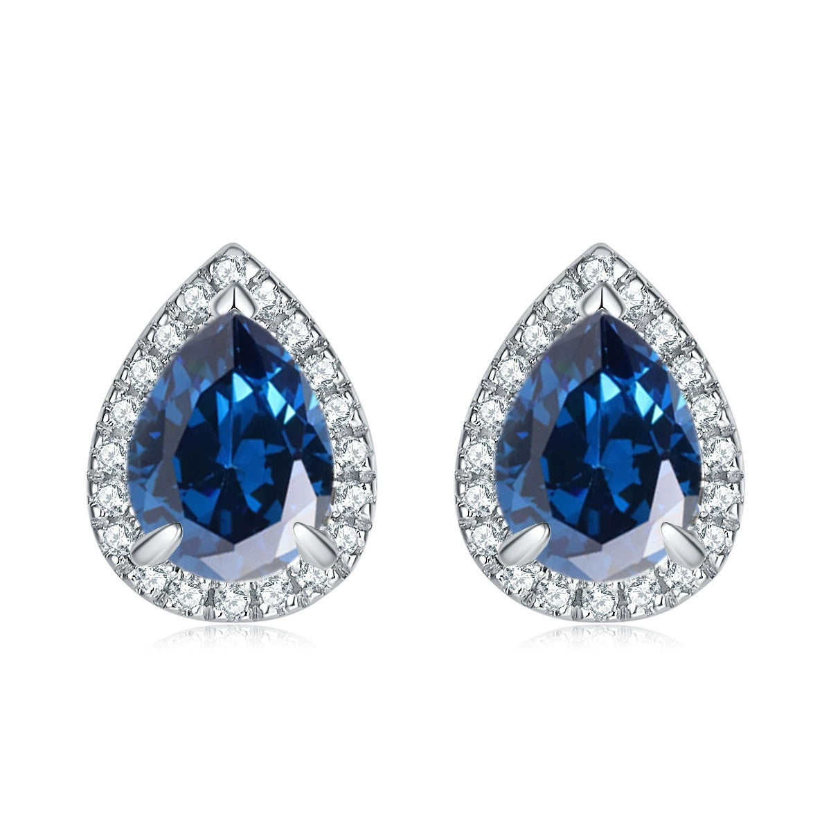 925 Sterling Silver 1ct Pear Cut Halo Blue Sapphire Cz Ladies Stud Earrings