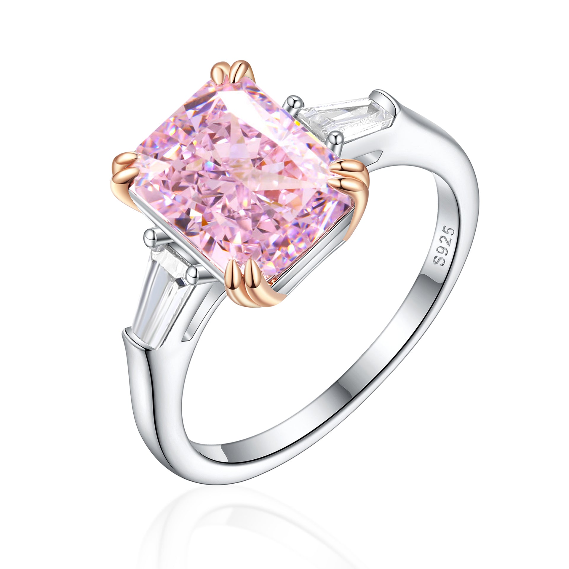 925 Sterling Silver Large Emerald Cut Pink Cz Centre with Baguette Sides Ladies Ring