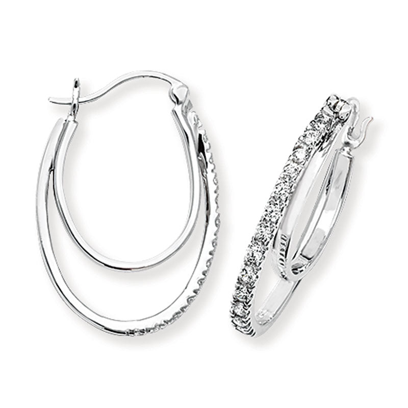 925 Sterling Silver 19mm Cz Double Oval Hoop Hinged Earrings