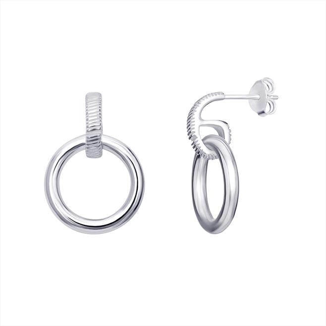 925 Sterling Silver Circle Hoop Drop Earrings with Ribbed Feature
