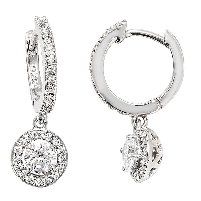 925 Sterling Silver 12mm Hoop with Circle Halo Cz Drop Earrings