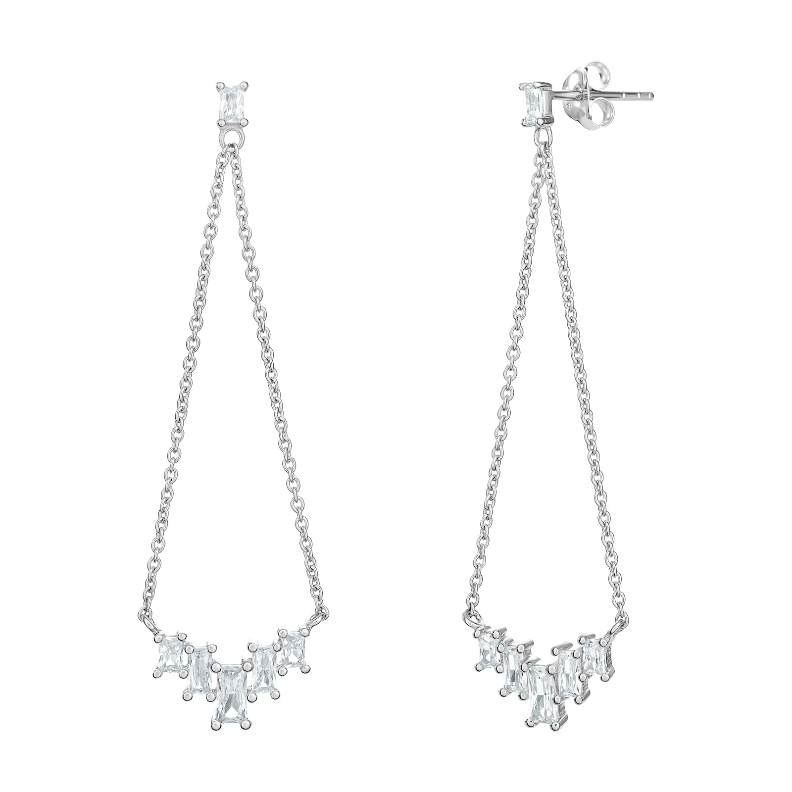 925 Sterling Multi Cz Emerald Cut Fancy Chain Drop Earrings