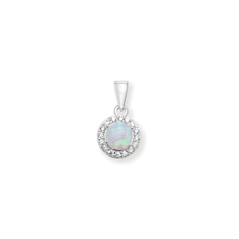 925 Sterling Silver Cz Round Opal Halo Pendant with Chain