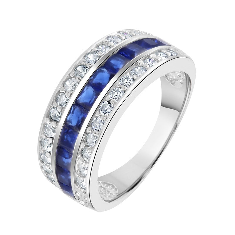 925 Sterling Silver Blue Sapphire & White Cz Three Row Ladies Half Eternity Ring
