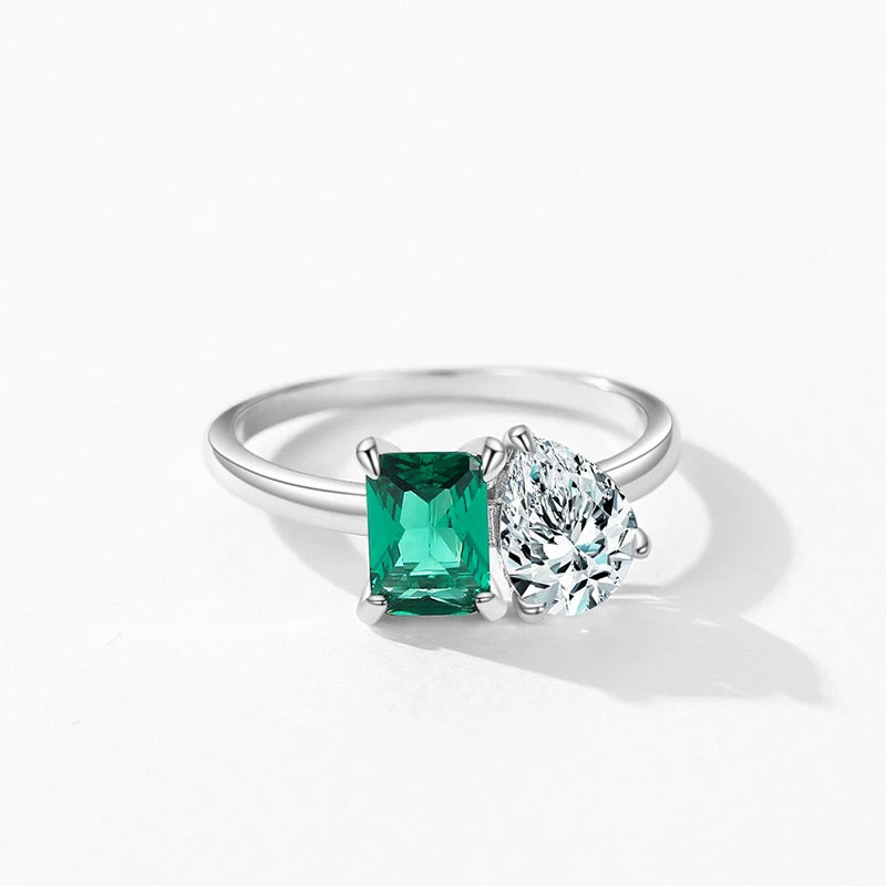 925 Sterling Silver Cz Emerald & Pear Cut Dual Stone Ladies Ring