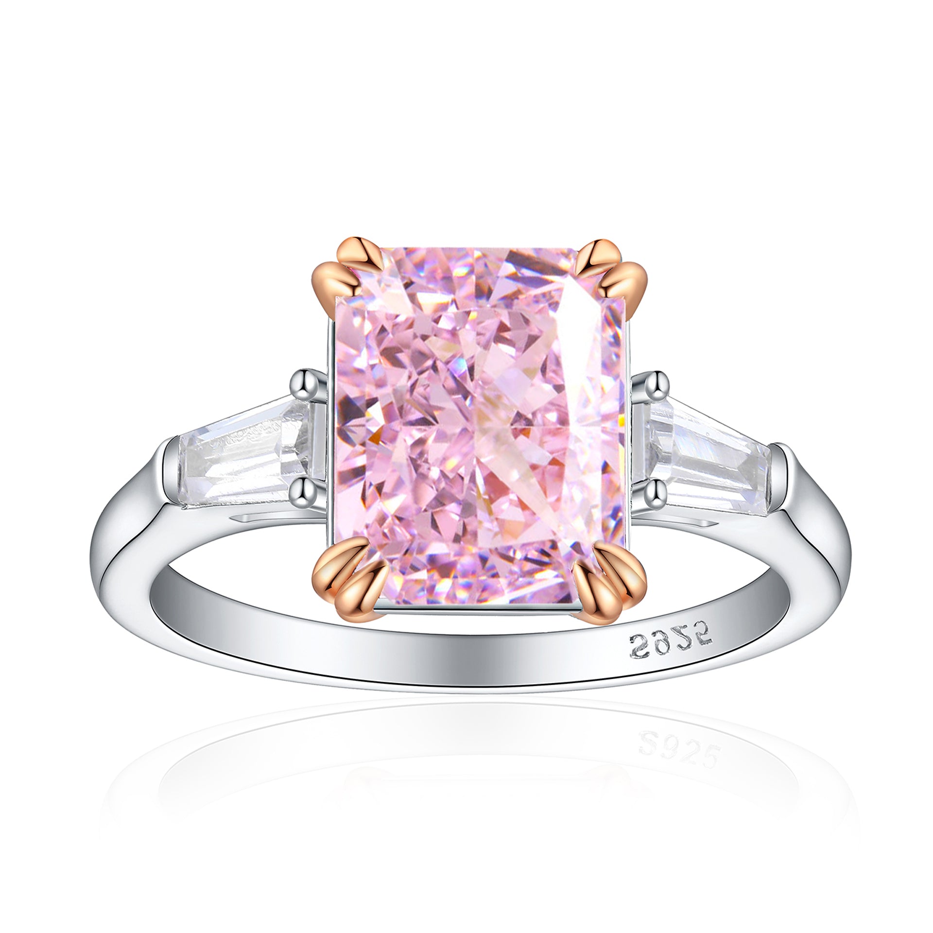 925 Sterling Silver Large Emerald Cut Pink Cz Centre with Baguette Sides Ladies Ring