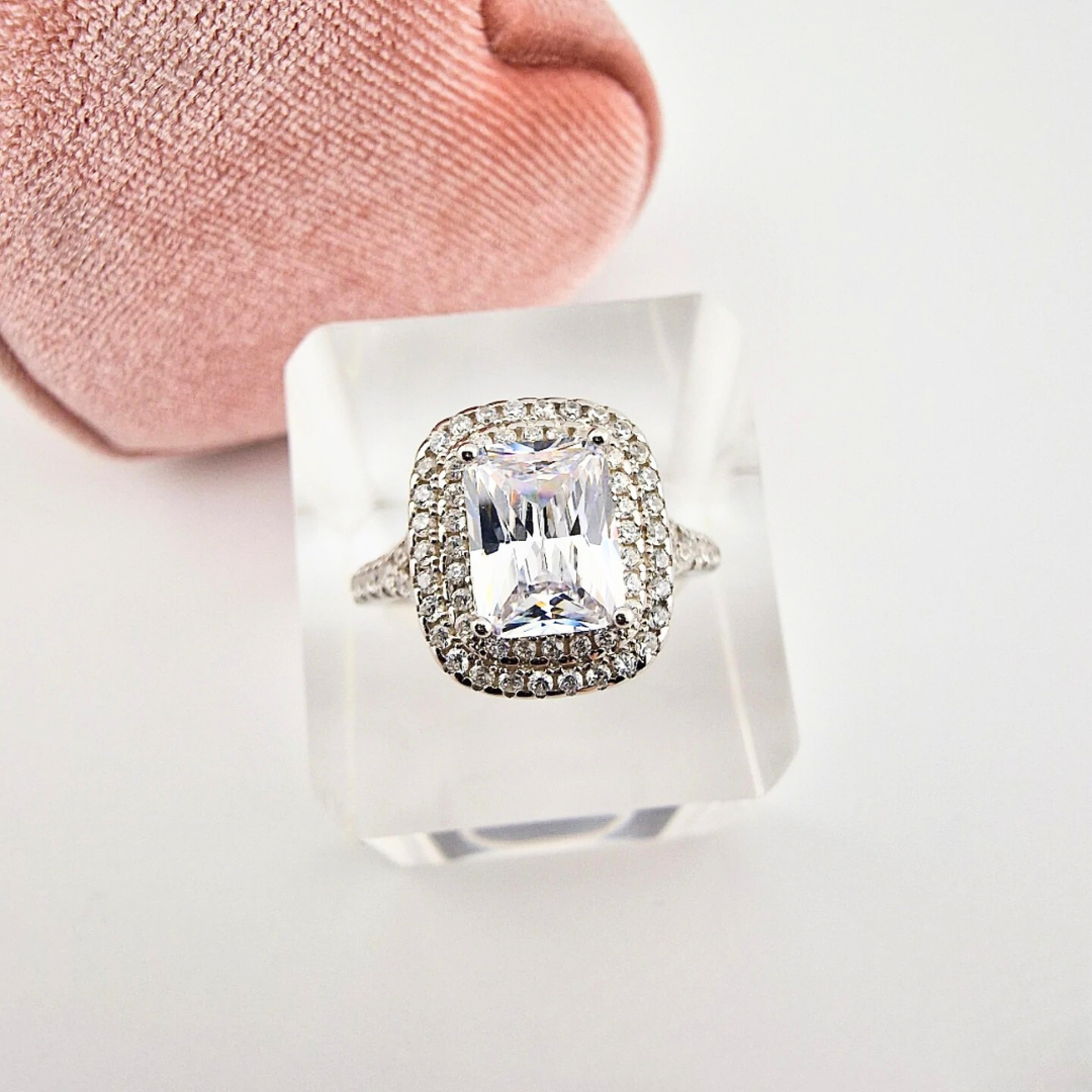 925 Sterling Silver 2ct Emerlard Cut Cz Double Halo Ring
