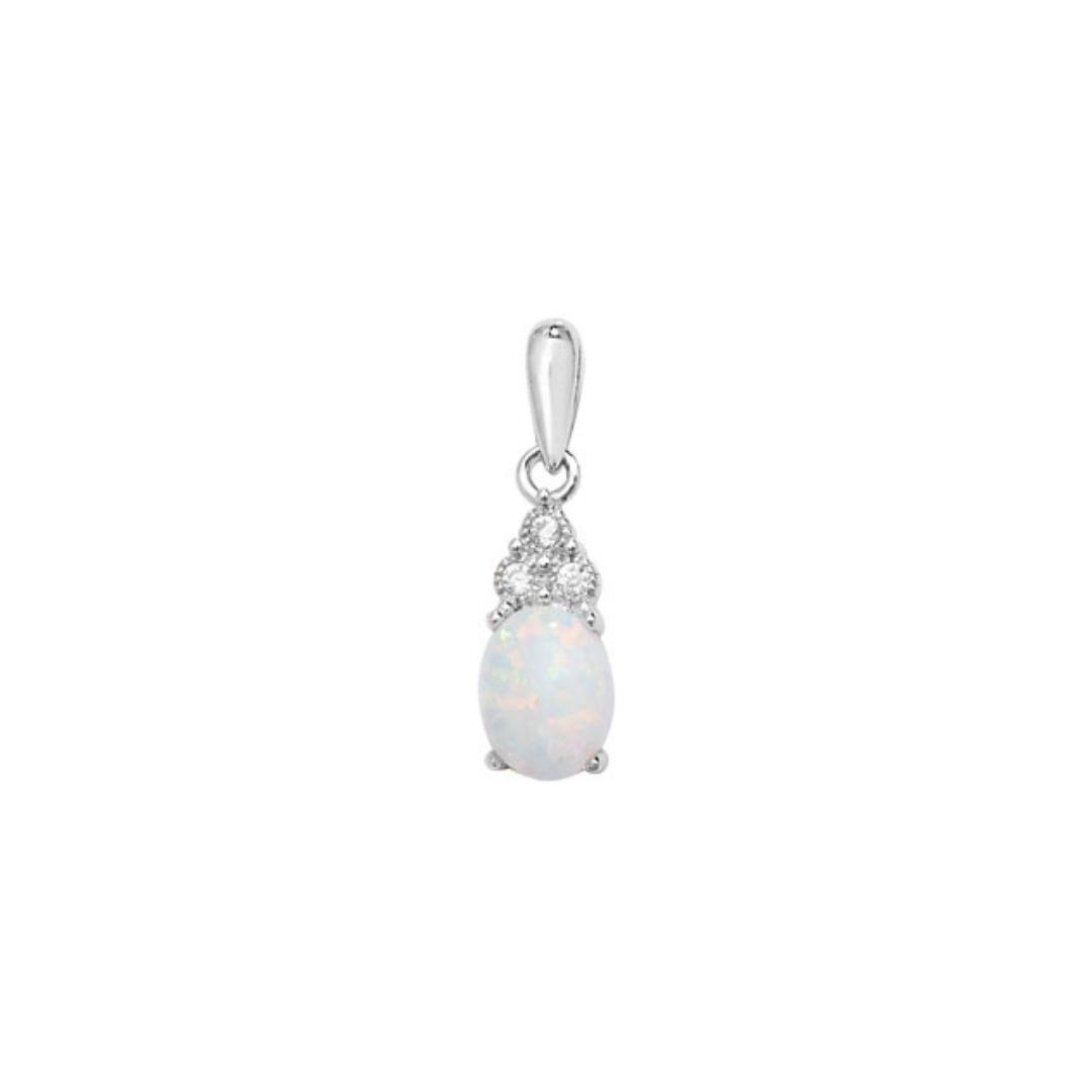 925 Sterling Silver Ladies Oval Opal Pendant & Top CZ Accents with Chain