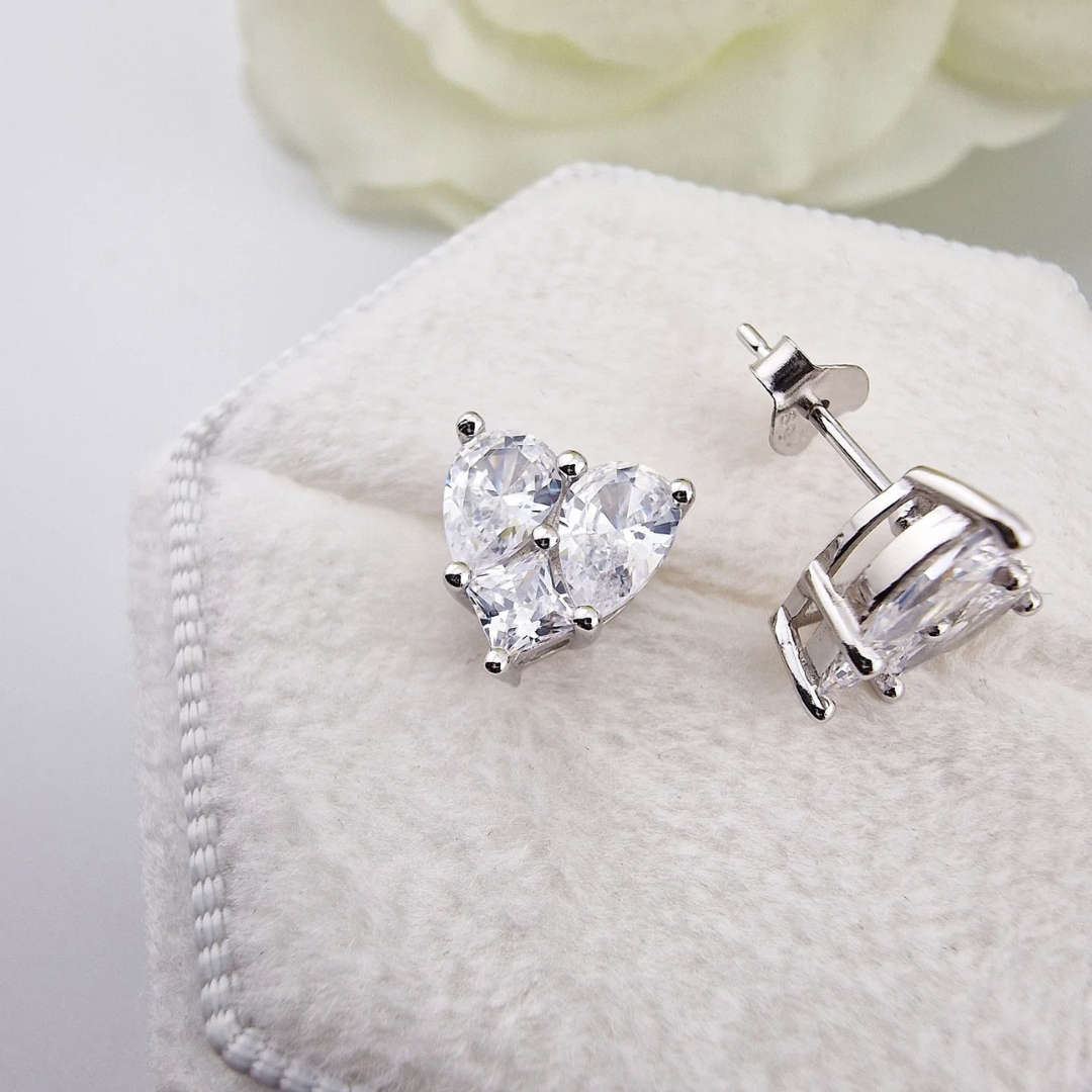925 Sterling Silver Cz Heart Stud Earrings with Pear & Princess Cut Stones