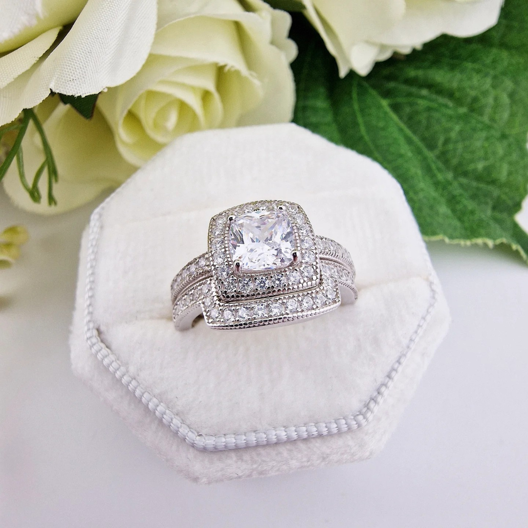 925 Sterling Silver Cushion Set Cz Ladies Bridal Ring Set