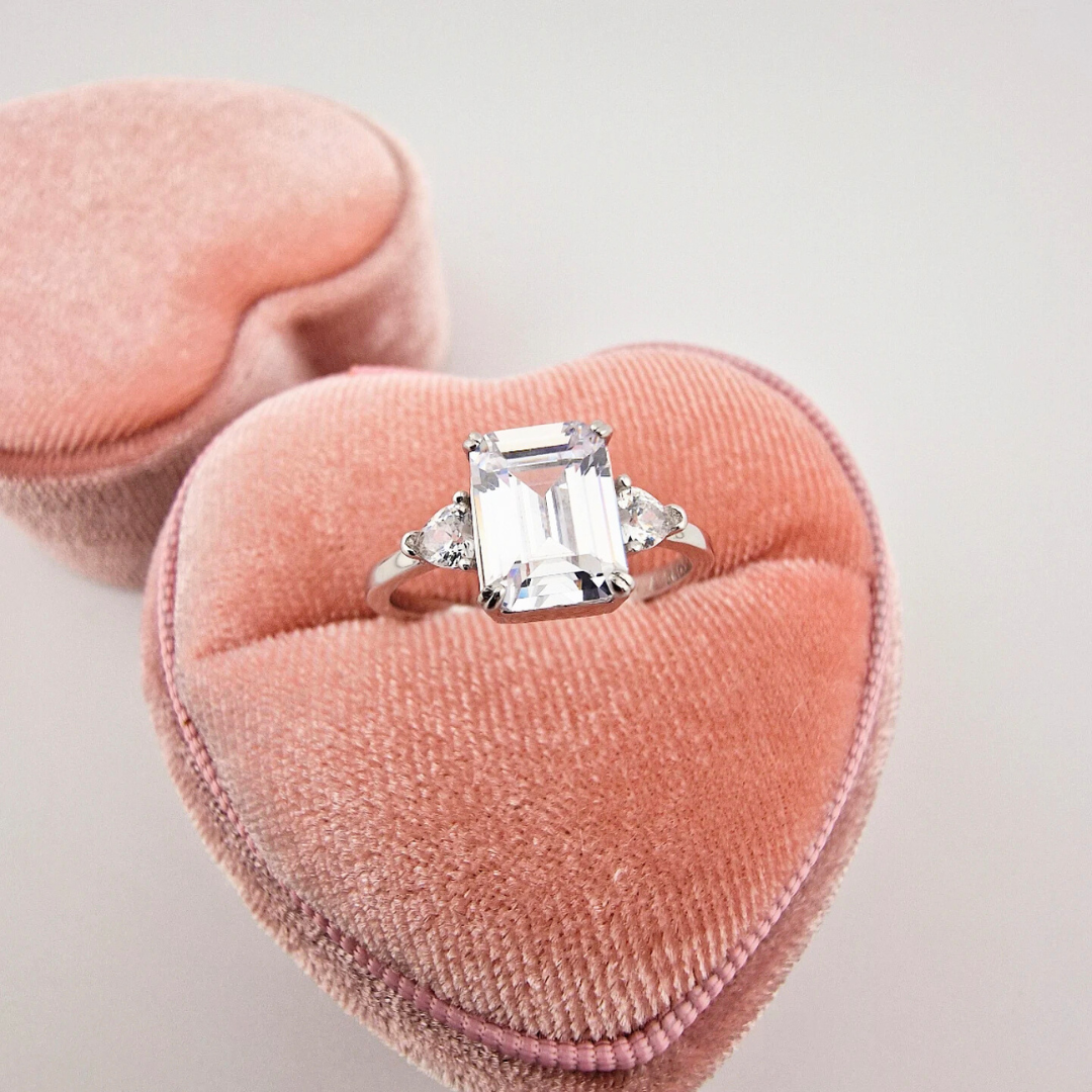 925 Sterling Silver 2ct Emerald Cut with Side Hearts Cz Ring