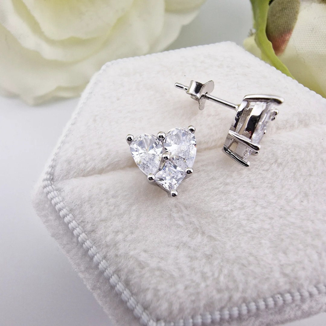 925 Sterling Silver Cz Heart Stud Earrings with Pear & Princess Cut Stones